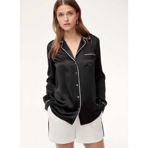 Aritzia Babaton Black Satin Venturi Button up Long Sleeve Blouse M - Picture 1 of 16
